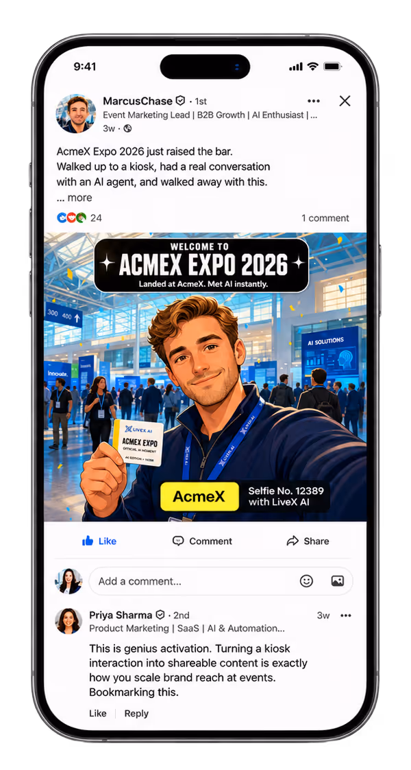 An event attendee posing for an AI selfie