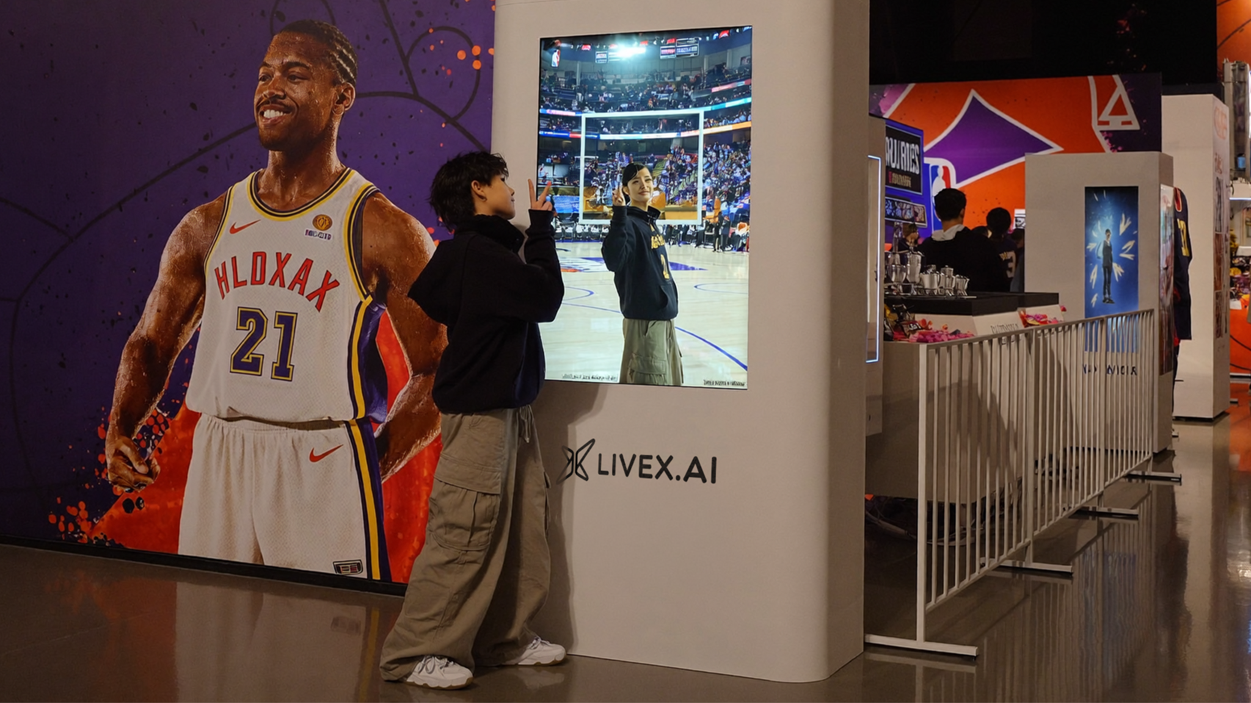 Fans interacting with a LiveX hologram display inside a sports stadium.